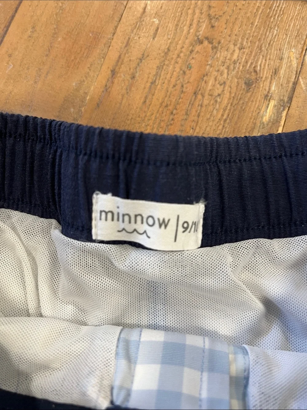 Minnow blue gingham checkered plaid swim trunks 9-10 years old
